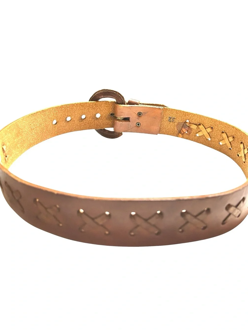 Brown leather belt with X-weave crisscross stitched along the strap.